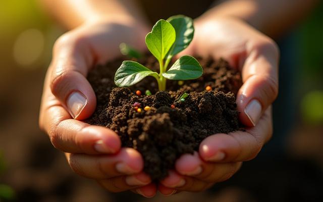 Representación artística de una mano sosteniendo tierra fértil con brotes verdes y pigmentos de colores suaves entrelazados, simbolizando el crecimiento sostenible y la armonía con la naturaleza.