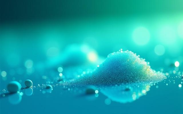 Visualización moderna de pigmentos sintéticos de alto rendimiento, presentados como micropartículas luminosas en un fondo azul tecnológico con sutiles gradientes verdes, sugiriendo innovación y ecología.