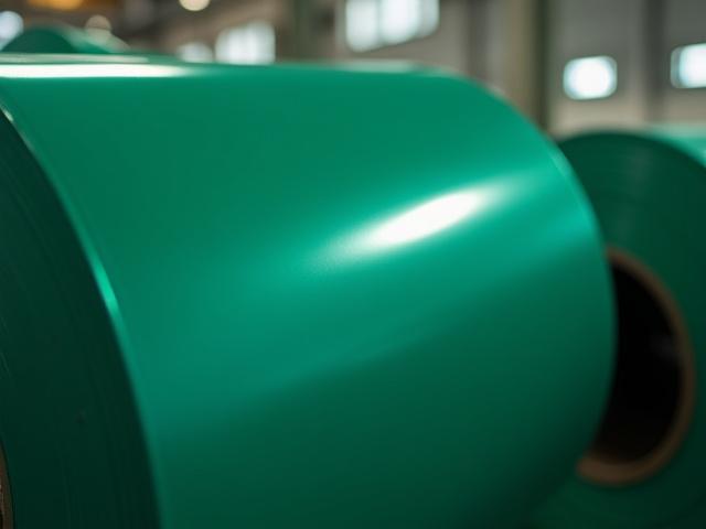 Bobina de acero pre-recubierta con acabado brillante en una línea de producción.