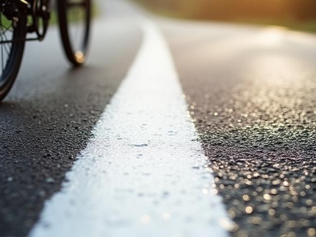 Marcas de pintura blanca brillante en una carretera con un ciclista.